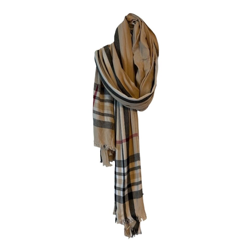 Classic Check Pattern Scarf Neutral Tan Fringe Wrap Large Lightweight